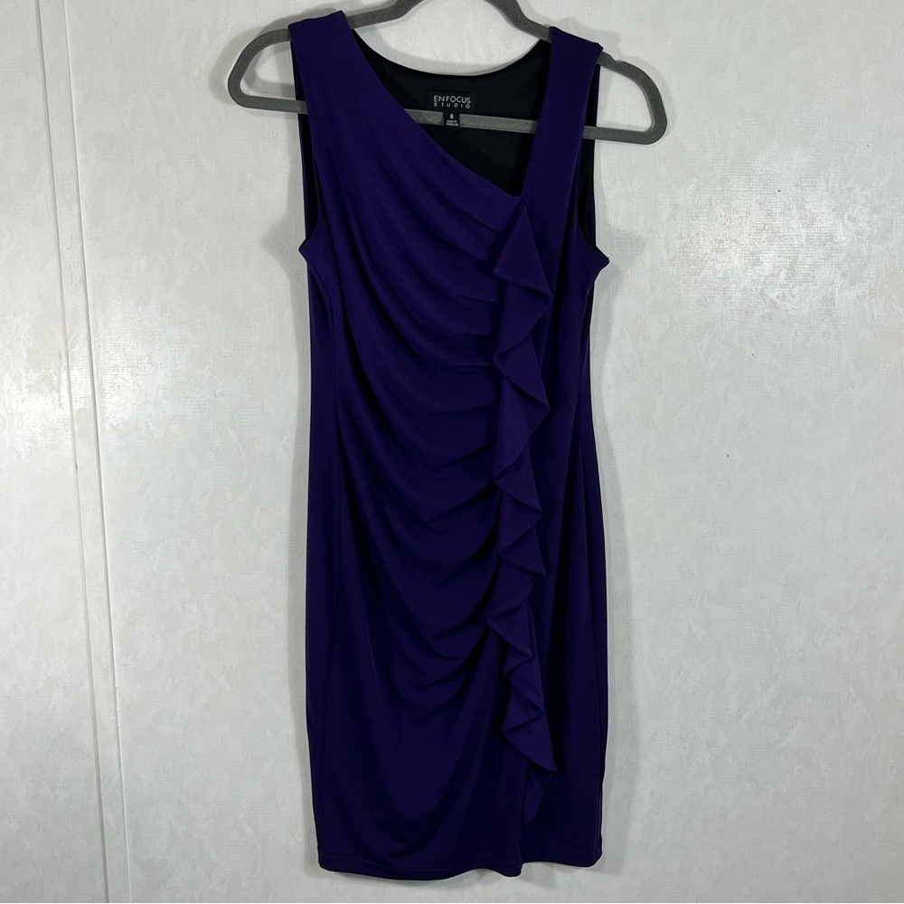 Enfocus Studio Purple Ruched Tank Sundress Midi Dress Side V-Neck Ruffle - Picture 2 of 7